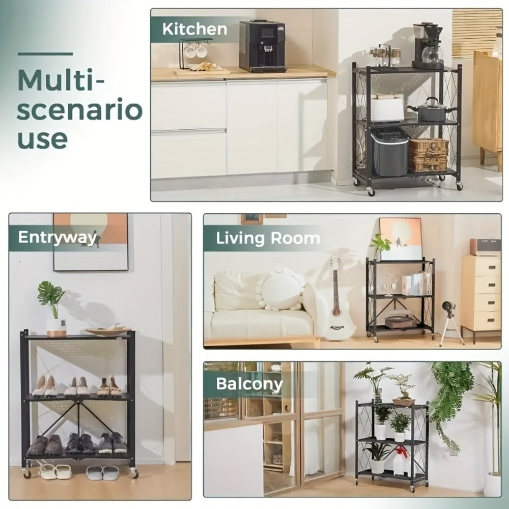 Heavy Duty Storage Rack with Wheels 3-Layer Foldable Metal Shelving Unit 750 LBS Capacity, Rolling Utility Cart for Garage Kitchen Pantry Closet, Movable Black Metal Storage Shelf