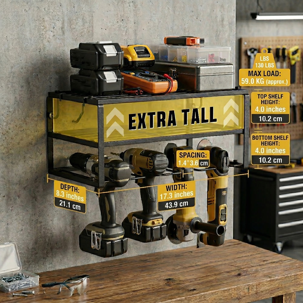 Power Drill Holder Wall Mount ¨C Heavy Duty Tool Storage Rack with 3/4 Layer Floating Shelf | Cordless Drill Organizer | 4/6/8 Drill Holders Workshop Tool Rack for Garage & Workshop Organization