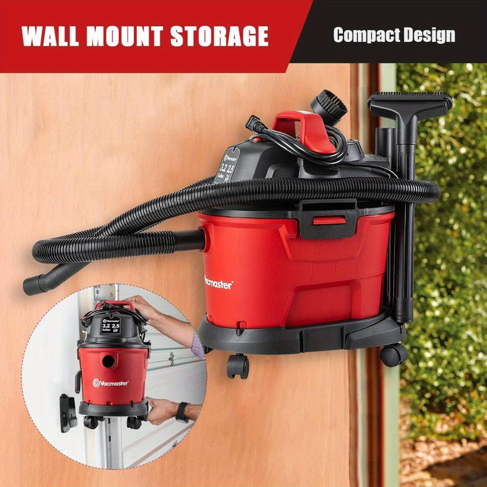 Wall Mount Wet Dry Vacuum 3.2 Gallon 2.5 Peak HP, Space-Saving Shop Vac with Cloth Filter for Wet Spills & Dry Debris, Garage Workshop & Home Cleaning Vacuum