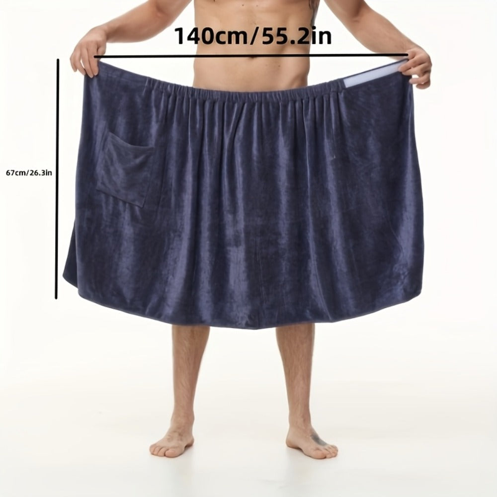 Wearable Bath Towel for Men - Soft Absorbent Suede Microfiber Bathrobe Wrap 320GSM Solid Color Quick Dry Shower Towel | Blue Brown | Spa Gym Bathroom Robe Towel Modern Style Men Gift