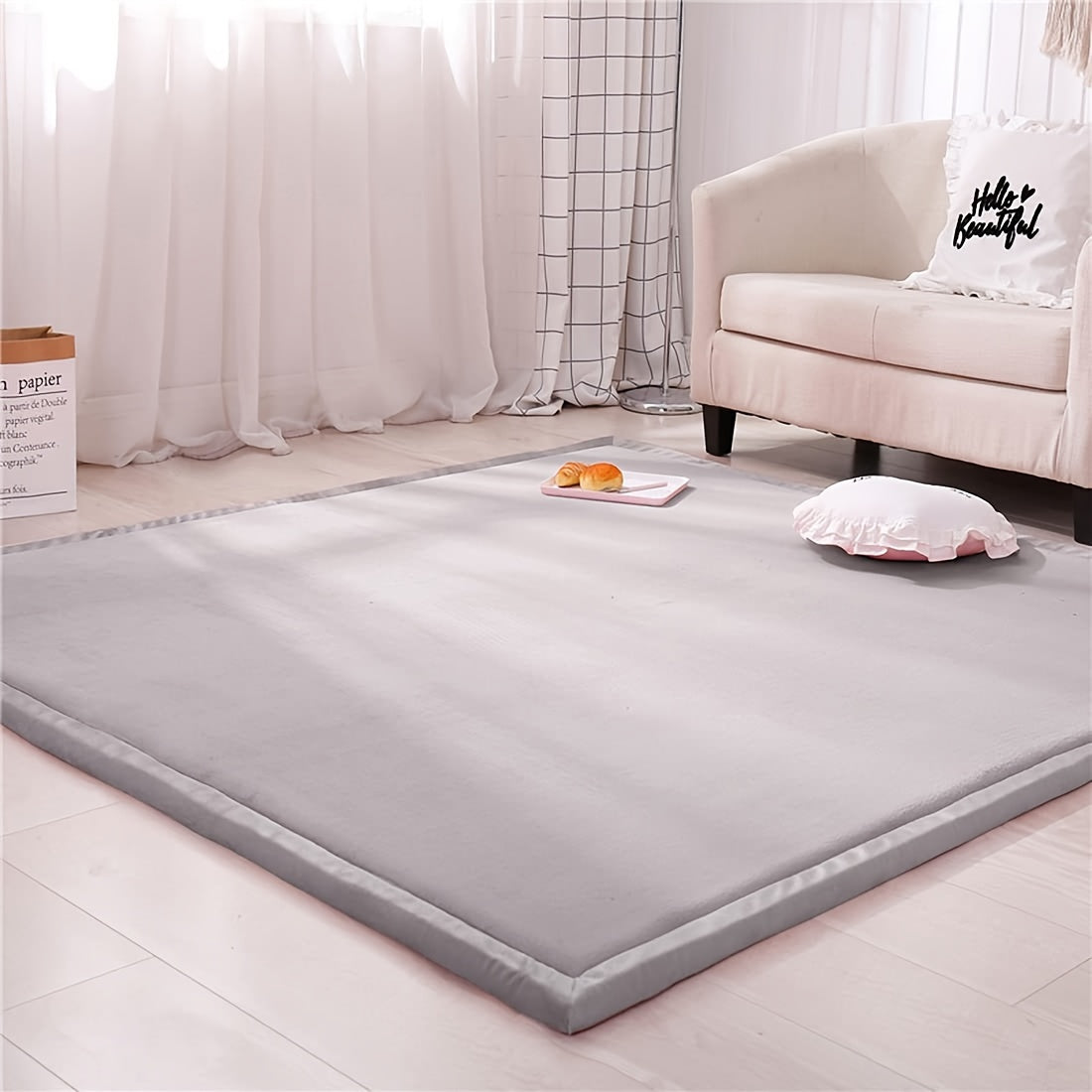 Tatami Floor Mat Thick Foam Padded Rug Coral Velvet Baby Play Mat Crawling Mat for Kids Nursery Playroom Living Room Yoga Mat Japanese Style Area Rug Non-Slip