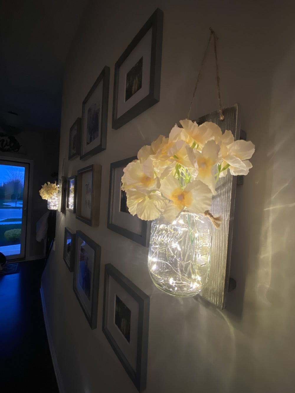 Mason Jar Wall Sconces Set of 2 - Rustic Farmhouse Wall Decor with Ivory Hydrangea Flowers, Warm White Light Fixture for Living Room Bedroom Kitchen Bathroom
