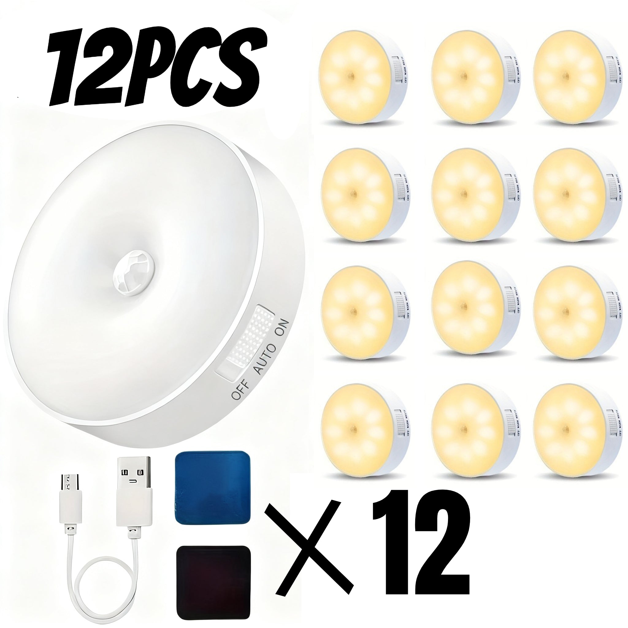 Motion Sensor Night Light 8 LED USB Rechargeable Built-in Battery Eye Protection Wireless Cabinet Light for Stairs Bedroom Closet Garage