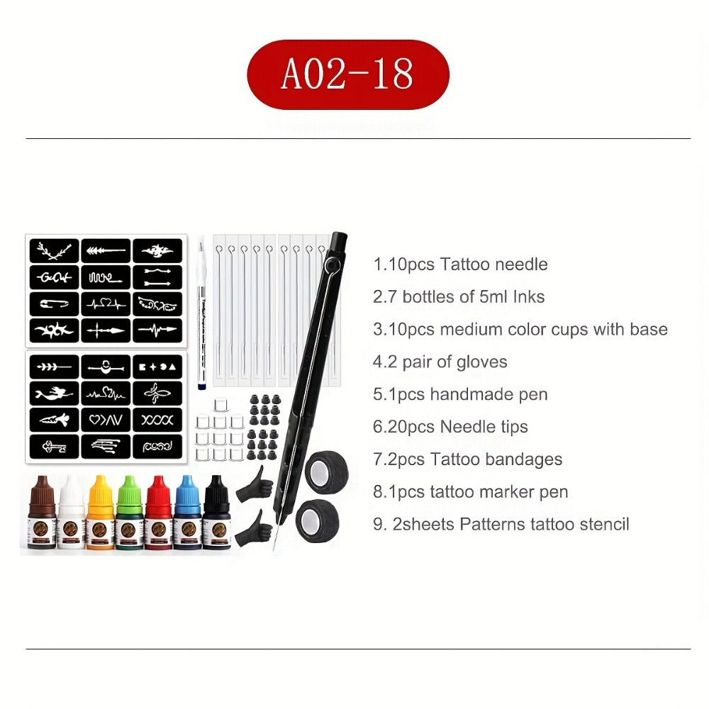 Stick and Poke Tattoo Kit - DIY Manual Tattoo Pen Hand Tool Set with 7 Color Inks, Needles, Bandage & 2 Hollow Stencil Templates for Tattoo Artists & Beginners Home Use