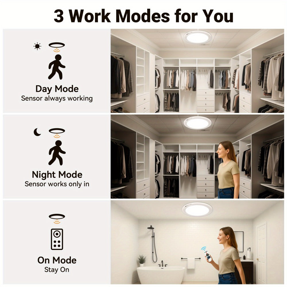 Rechargeable LED Ceiling Light with Motion Sensor ¨C Remote Control Dimmable, 3 Color Temps 3000K/4500K/6500K, 10 Brightness Levels, Battery Operated Closet Light for Bathroom Hallway Pantry Porch