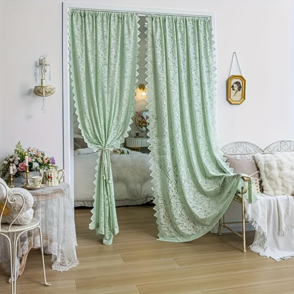 Sheer Curtain Rod Pocket Floral Lace Semi-Sheer Window Panel for Living Room Bedroom Kitchen Bathroom, 100% Polyester, Machine Washable, White Light Green Coffee