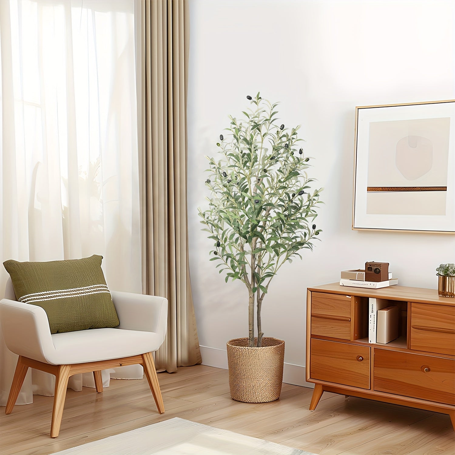Artificial Olive Tree 4/5/6/7 Ft Tall Faux Potted Plant with Realistic Silk Leaves & Fruits for Living Room Home Decor Indoor Outdoor - Maintenance Free Decorative Tree Housewarming Gift