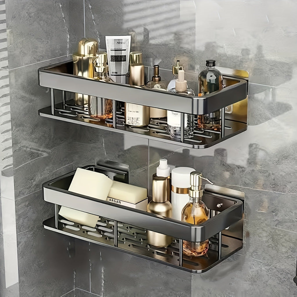 Shower Caddy Wall Mounted Stainless Steel 2-Pack - Rust-Resistant 2-Tier Bathroom Shelf Organizer, Corner Storage Rack for Shower Bathtub Accessories, Space-Saving Bathroom Caddy - Black & Silver
