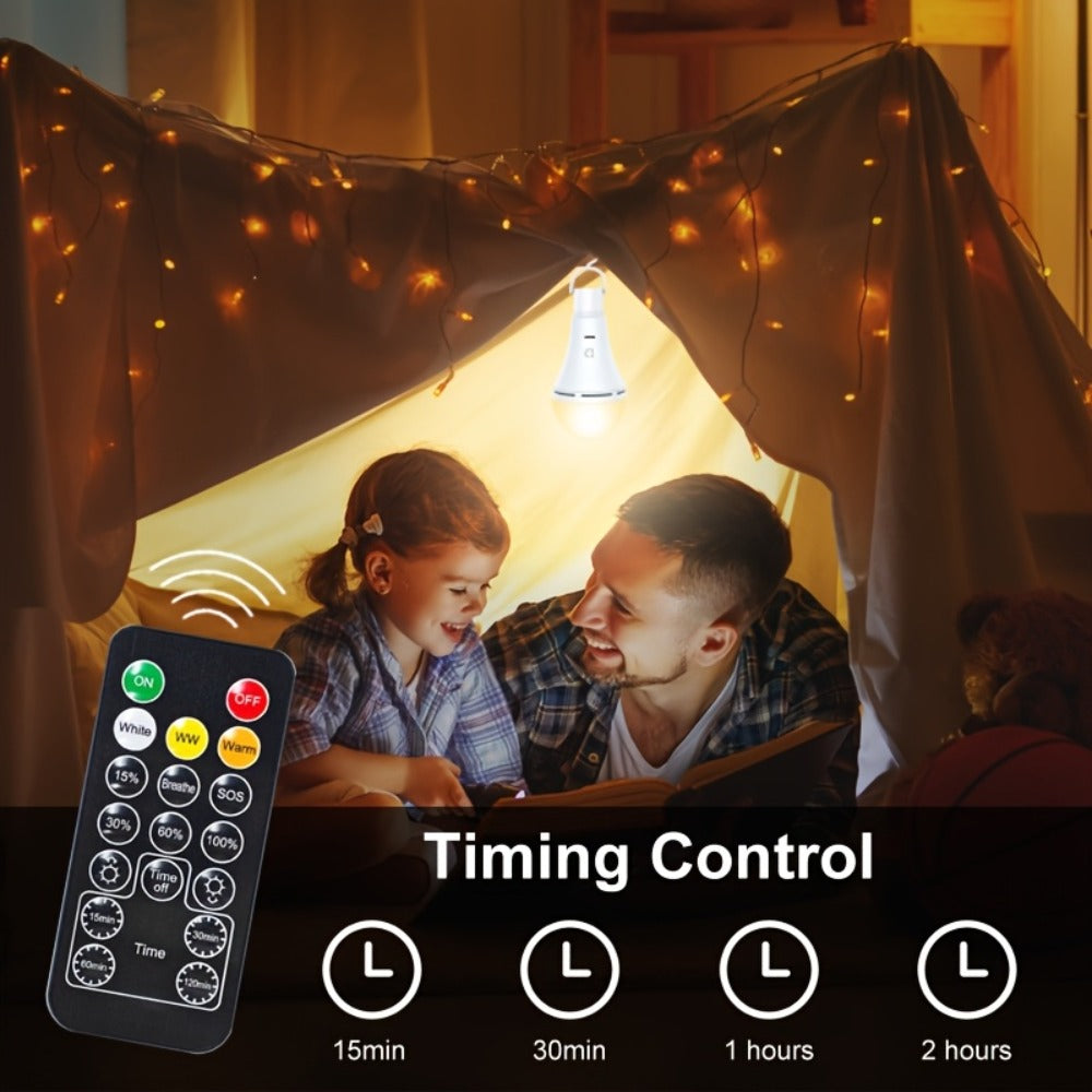 USB Rechargeable Light Bulbs 2-Pack with Remote Control Dimmable Timer 3 Color Temperatures E26 9W 350LM 2000mAh Emergency LED Bulb with Hook for Camping