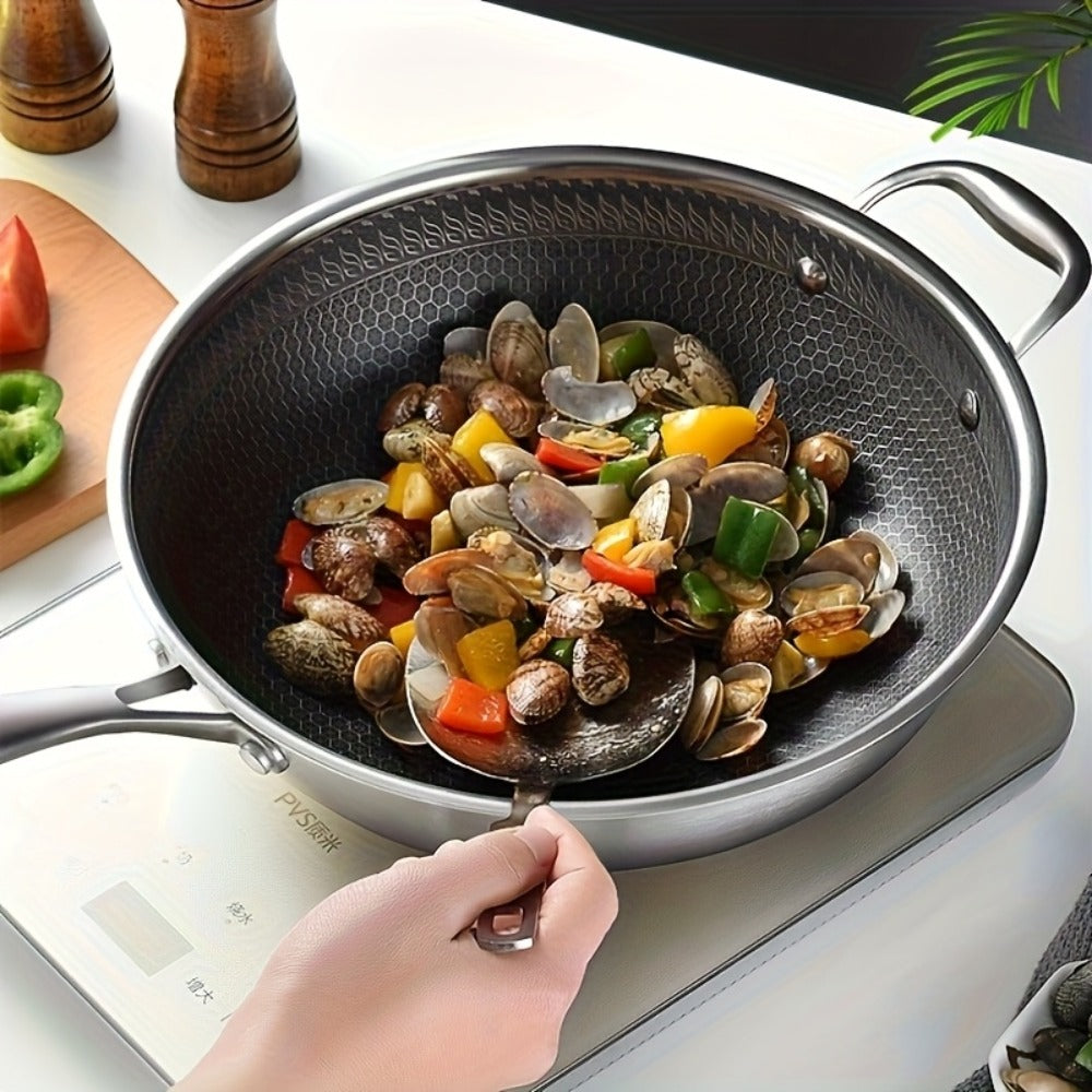 Stainless Steel Wok Set 13.3 Inch Non-stick Honeycomb Design with Lid & 2 Cookware Accessories ¨C Induction Compatible Cooking Pan for Electric Ceramic Gas Stove, Dishwasher Safe