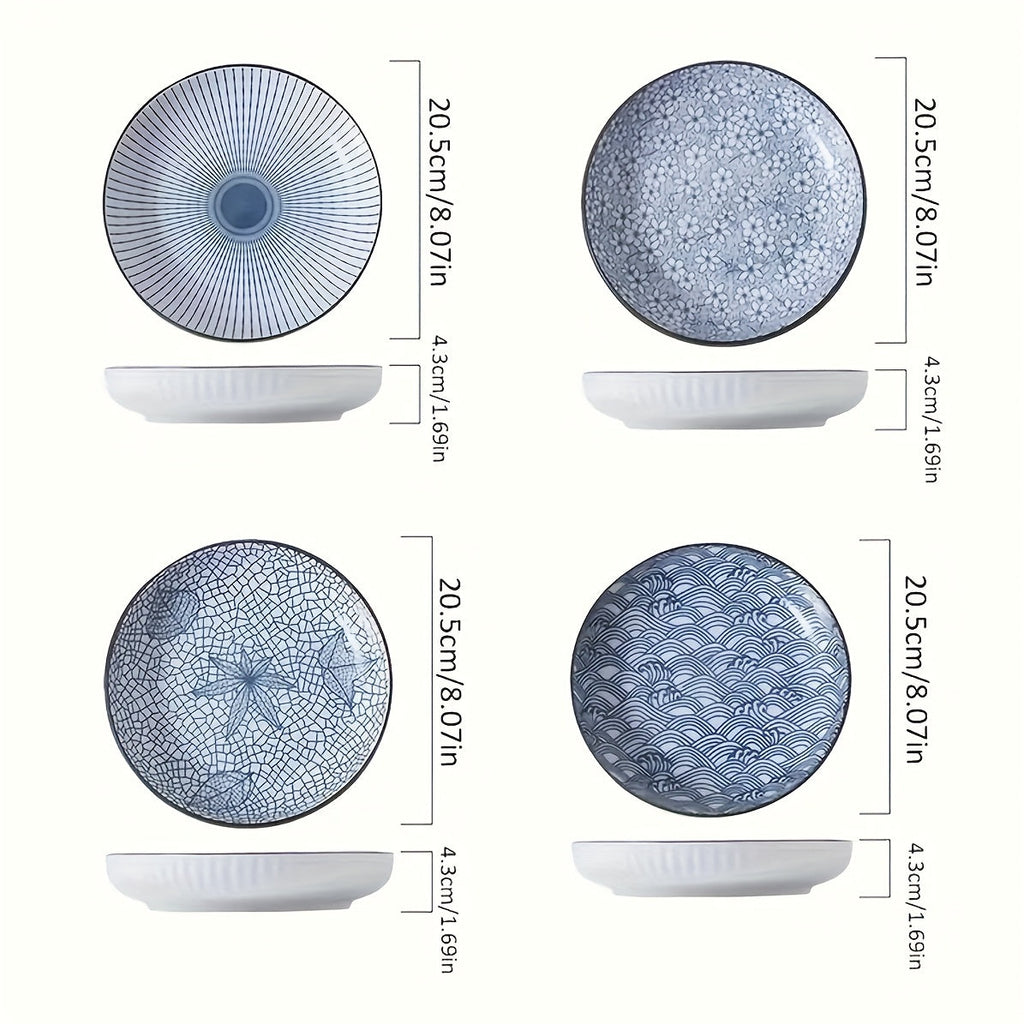 Japanese Ceramic Plates Set of 4 ¨C Floral Yamada Pattern Dinnerware, 7-Inch Round Serving Plates with Non-Slip Edge, Underglaze Color, Nordic Style Steak & Salad Dish
