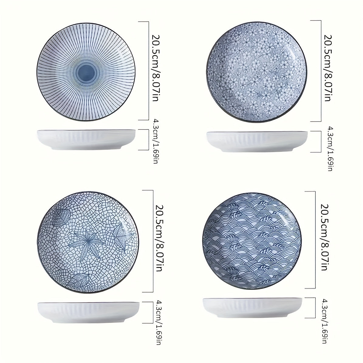 Japanese Ceramic Plates Set of 4 ¨C Floral Yamada Pattern Dinnerware, 7-Inch Round Serving Plates with Non-Slip Edge, Underglaze Color, Nordic Style Steak & Salad Dish