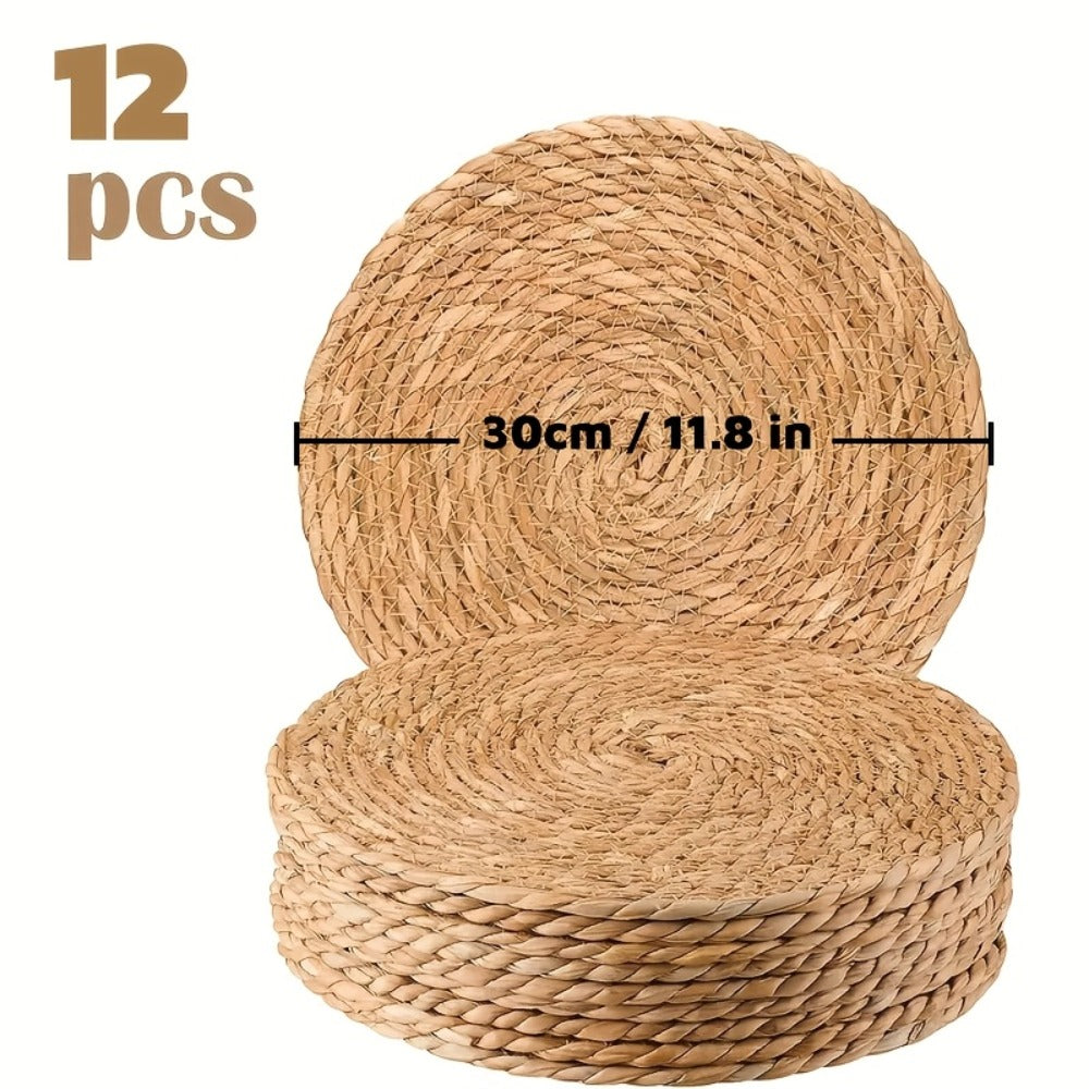 12pcs Rattan Placemats Natural Wicker Round Table Mats Heat-Resistant Non-Slip 11.8¡± Kitchen Dining Decor Bohemian