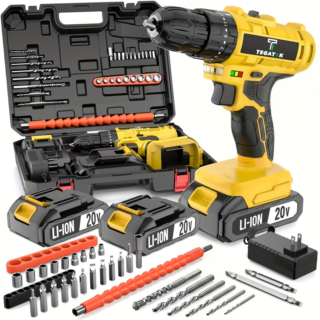 Cordless Drill Set 20V - Tegatok Impact Drill Kit with 45Nm Torque, 23-Speed Settings, LED Light, 2.0Ah Battery & Fast Charger, 58/136/145pcs Accessories for Home Renovation, Woodworking & Metal Drilling