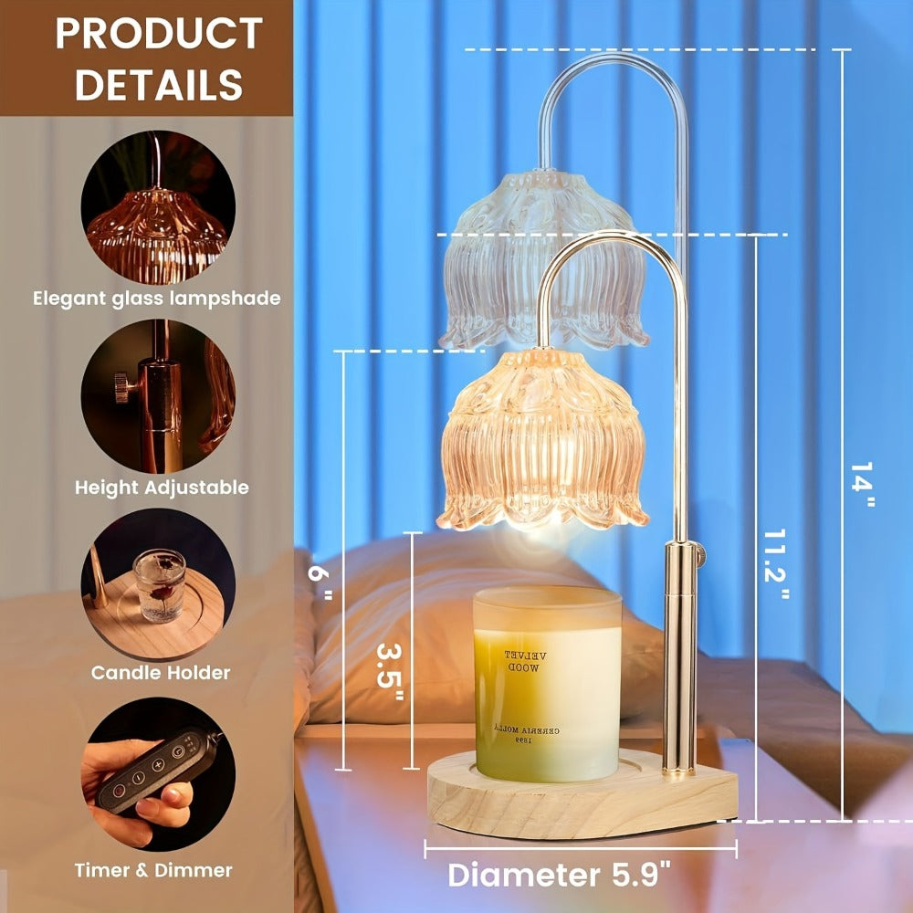 Electric Candle Warmer with Timer, Crystal Wax Melt Warmer Lamp, Adjustable Temperature, Lily Shape Glass Candle Warmer for Scented Jar Candles, 2/4/8 Hour Timer, Holiday Home Decor Gift