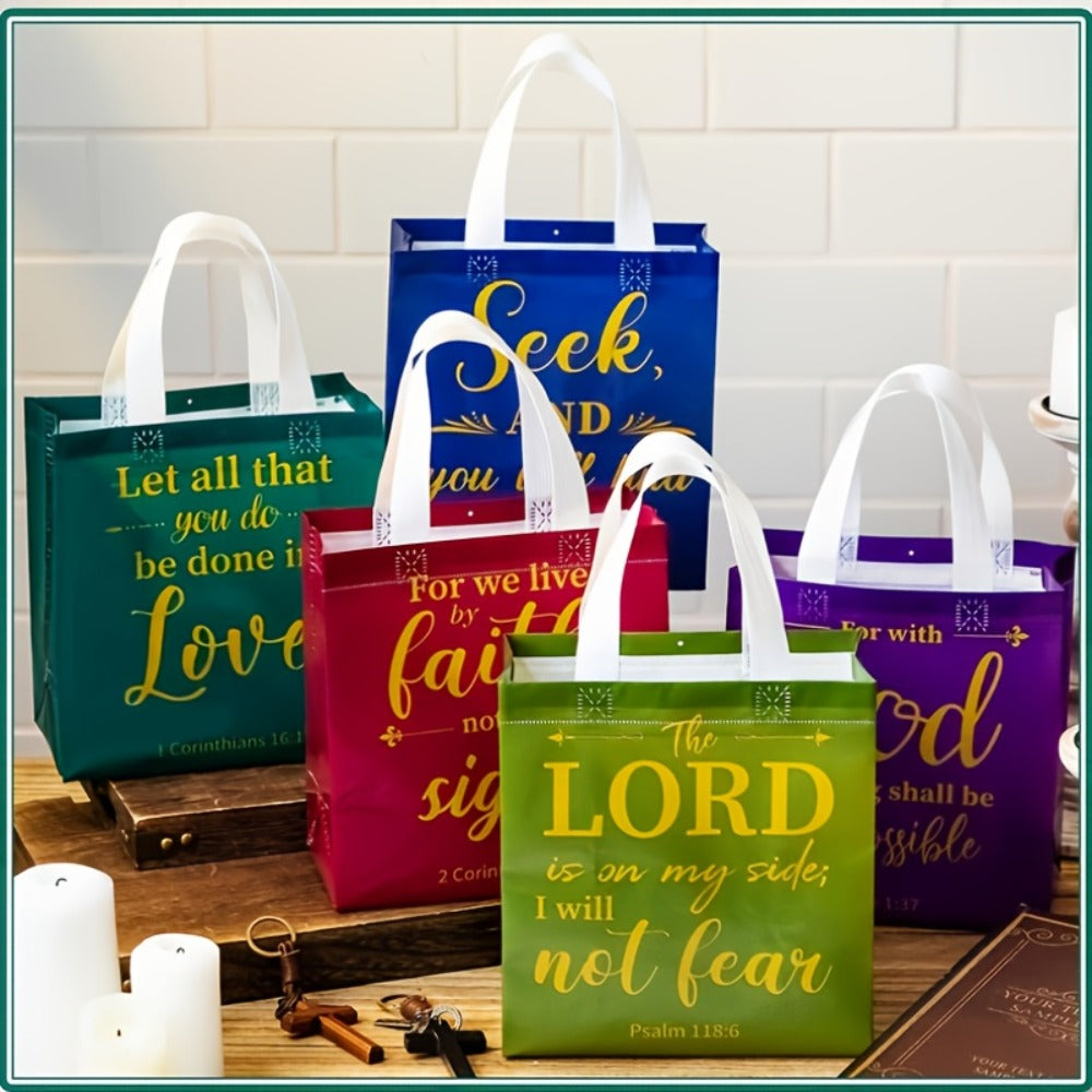 Bible Verse Gift Bags Bulk 32 or 64pcs | 8 Colors Reusable Christian Religious Gift Bags with Handles for Women | Medium Non-Woven Church Bags for Baptism, Wedding, Party Supplies, VBS, Faith Events