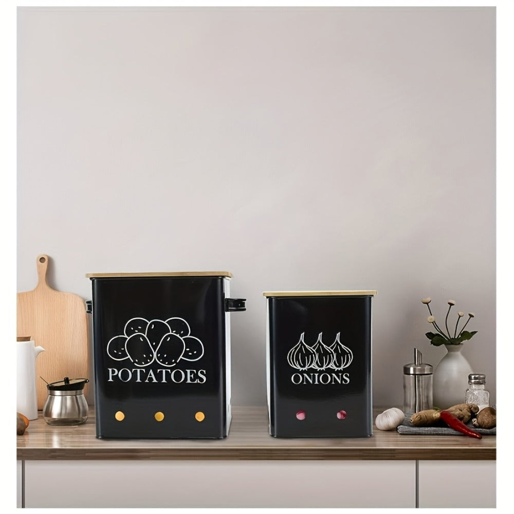 Kitchen Storage Canister Potato Onion Storage Bin Aerating Ventilation Holes Wooden Lid Multipurpose Kitchen Organizer for Onion Potato Fruit Vegetable Black White Grey Green