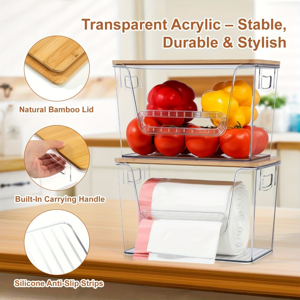 Clear Acrylic Trash Bag Dispenser Stackable with Bamboo Lid Extra Large Kitchen Organizer for Under Sink Laundry Room Pantry Holds 13 30 33 Gallon Bags 1 2 or 4 Pack