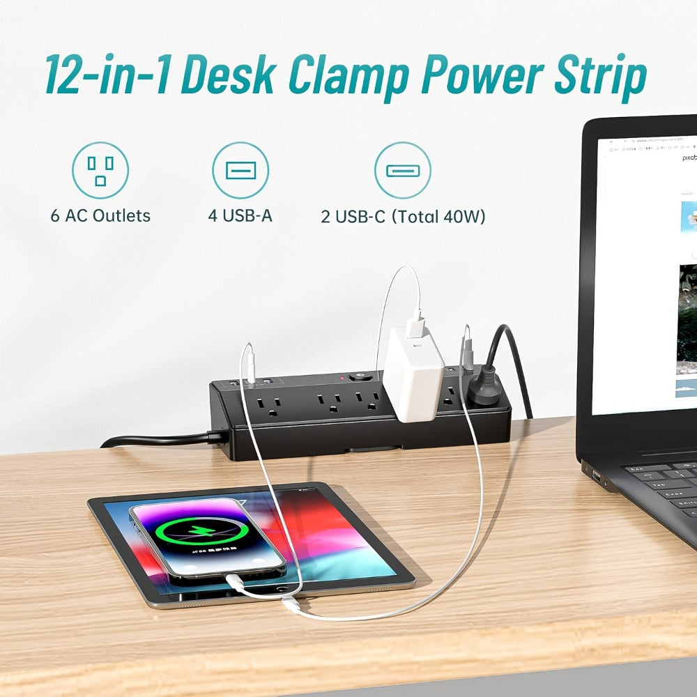 Desk Clamp Power Strip 12-in-1 Surge Protector with 6 Outlets 4 USB-A 2 USB-C PD 20W 40W Fast Charging Desktop Mount Flat Plug for Home Office Tabletop