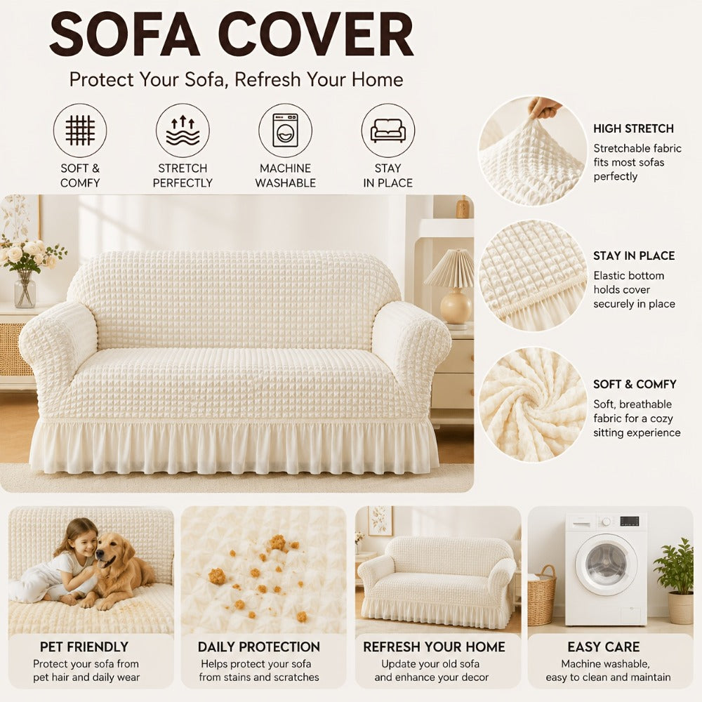 Seersucker Sofa Slipcover Elastic Band Closure Pet-Friendly All-Purpose Sofa Cover for Living Room Home Decor Protection ¡ª Single 2 4 Seater Multiple Colors