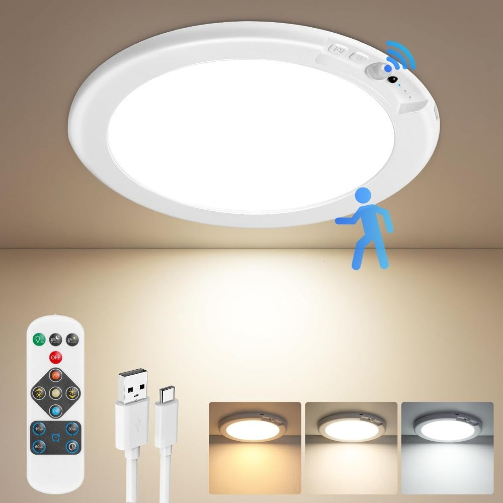 Motion Sensor Ceiling Light Rechargeable with Remote ¨C 3-Color Dimmable Wireless LED Overhead Light, No Wiring, Battery Operated for Closet, Shower, Pantry, Shed & Hallway (Round & Square, 1 or 2 Pack)