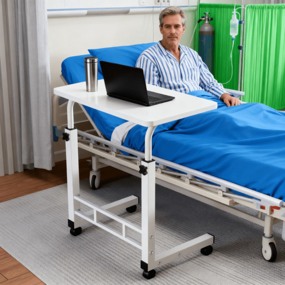 Adjustable Height Rolling Overbed Nursing Table 3-Layer Shelves Heavy Duty Bedside Tray for Elderly Patient Home Hospital Rehabilitation Care Laptop Desk 8 Colors Space Saving