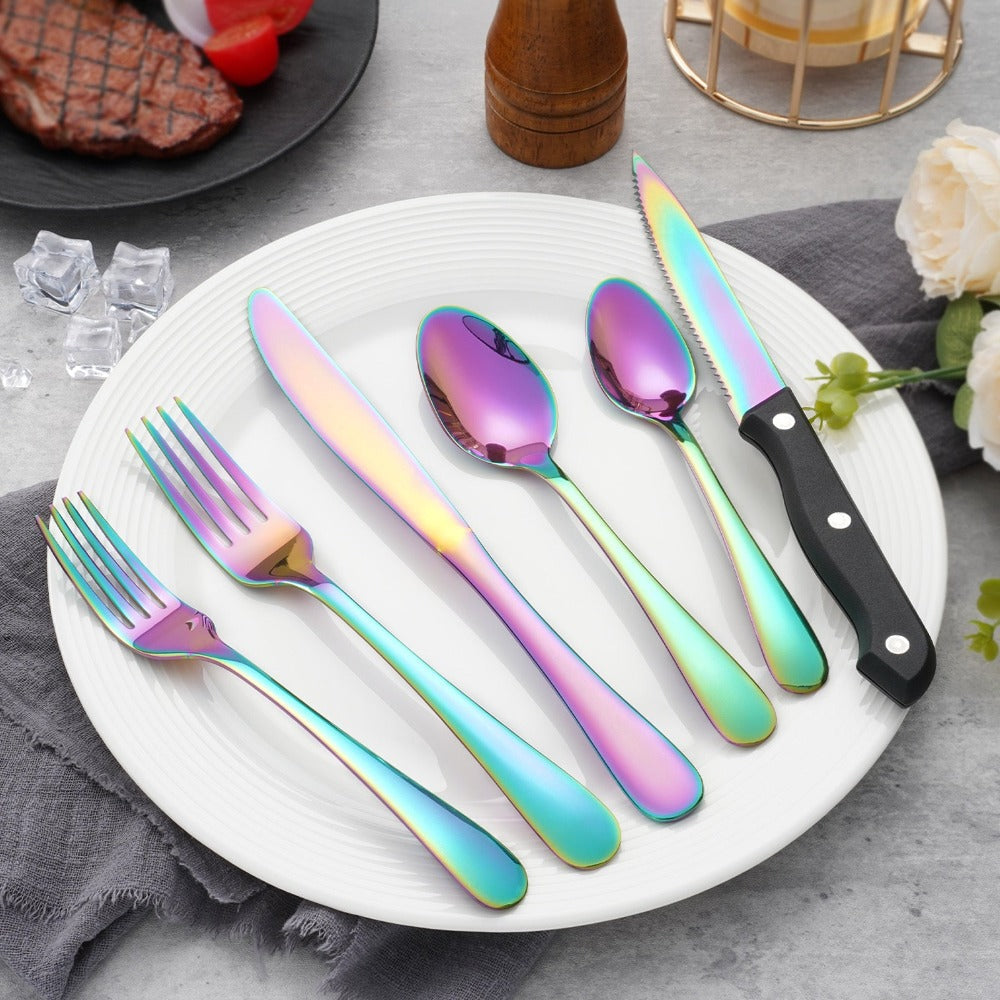 24pcs Stainless Steel Flatware Set for 4 - Rainbow Mirror Polished Silverware Set with Steak Knives, Modern Cutlery Set for Home Kitchen Dining Table Celebrations Wedding