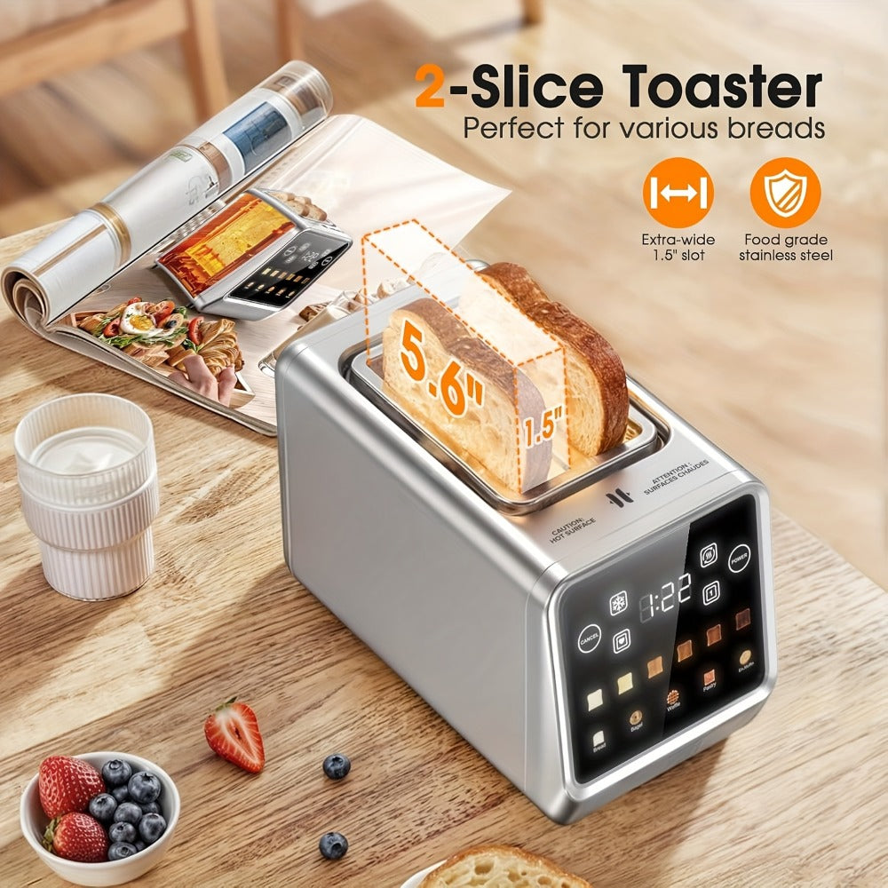 Smart Digital Toaster 2 Slice Touch Screen ¨C Stainless Steel with Memory Function, 5 Bread Types, 6 Shade Settings, 1.5-Inch Wide Slot, 900W Fast Toasting for Home Kitchen