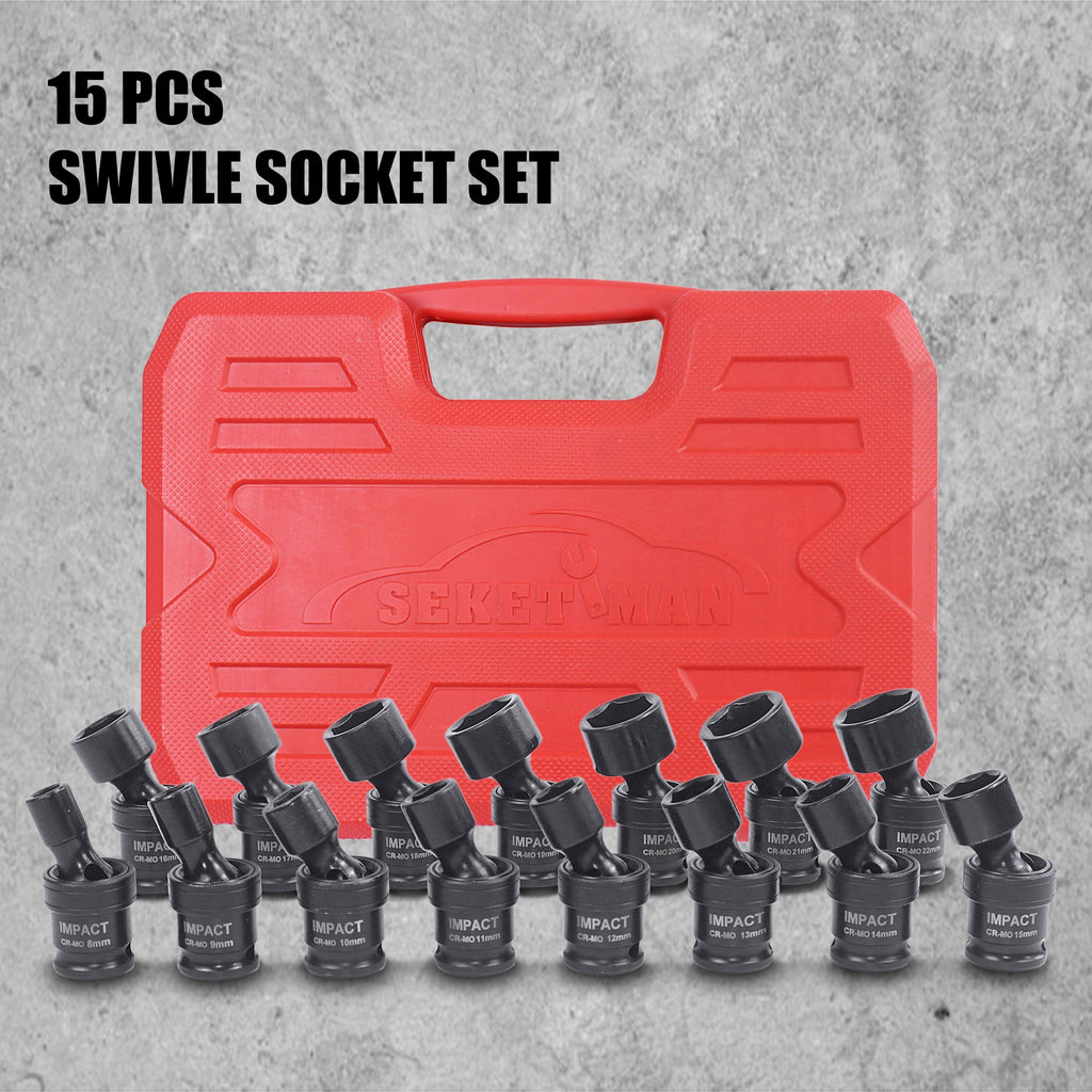 Impact Socket Set 3/8¡± Drive, 15-Piece Swivel Impact Universal Socket Set & 17+1 Piece Accessory Set, 8mm-22mm Cr-Mo Steel with Black Phosphate Finish, Professional Tool Kit for Home & Auto Repair