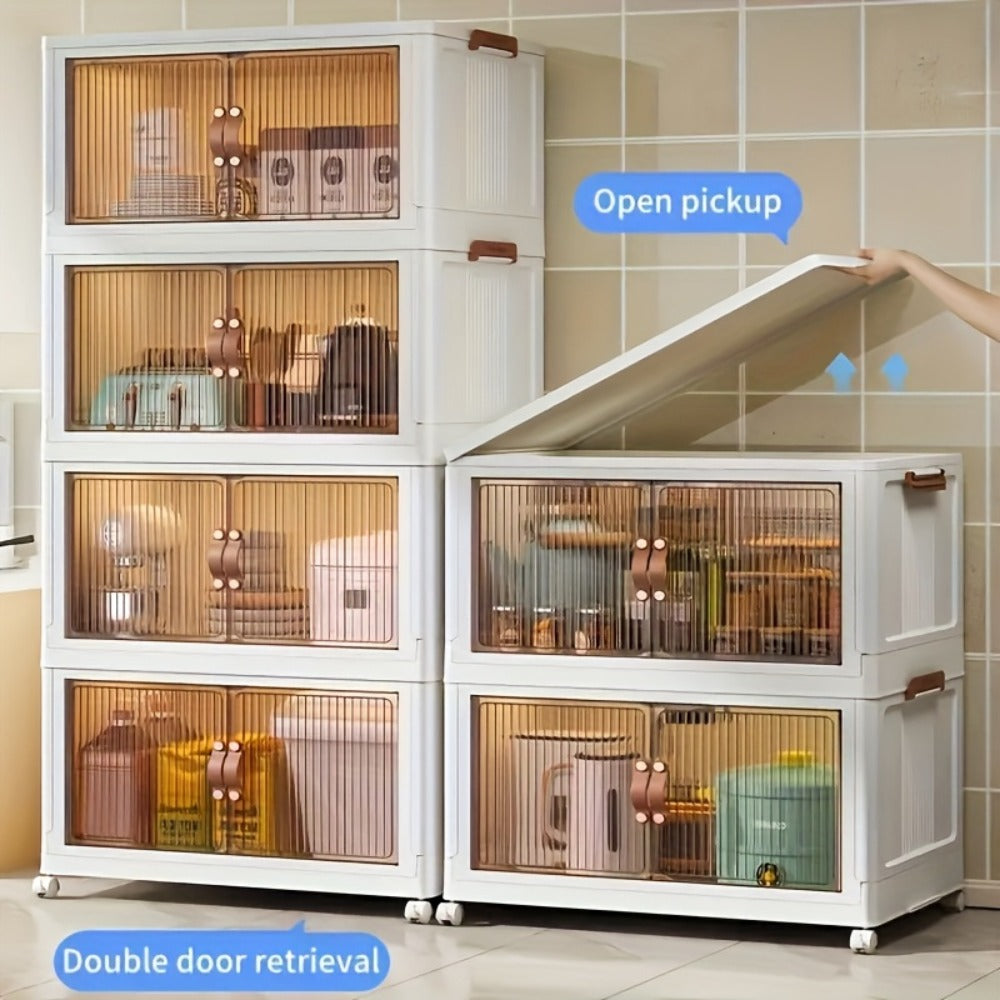 Plastic Storage Box with Wheels and Door Foldable - Large Capacity Rolling Storage Container with Layers for Bedroom, Kitchen, Living Room, Closet Organizer, 56CM Wide