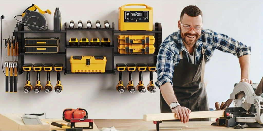 Power Tool Organizer Wall Mount with Charging Station | 3-Layer Cordless Drill Holder Storage Rack 45.5 Inch Heavy Duty ¨C Adjustable Garage Tool Shelf for Workshop & Tool Room