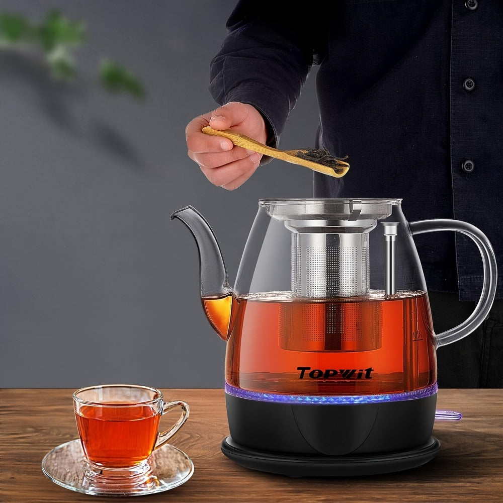 Pour Over Glass Electric Kettle with Removable Stainless Steel Tea Infuser ¨C 1L 33.81oz BPA-Free Dual-Purpose Hot Water Kettle for Tea & Coffee, Auto Shut-Off & Boil-Dry Protection, Elegant Countertop Design
