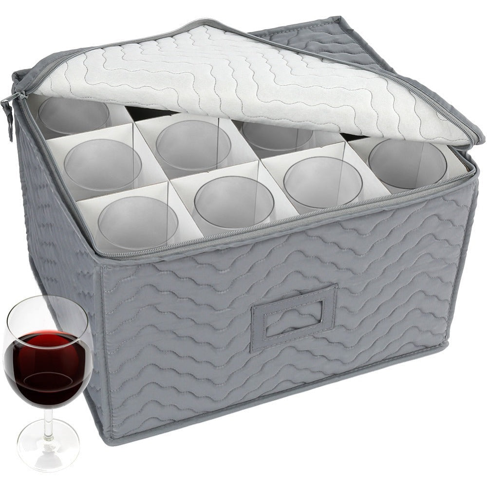 Wine Glass Storage Case 12-Compartment Quilted Stemware Box with Dividers 15.5x12.5x10 Inch Gray