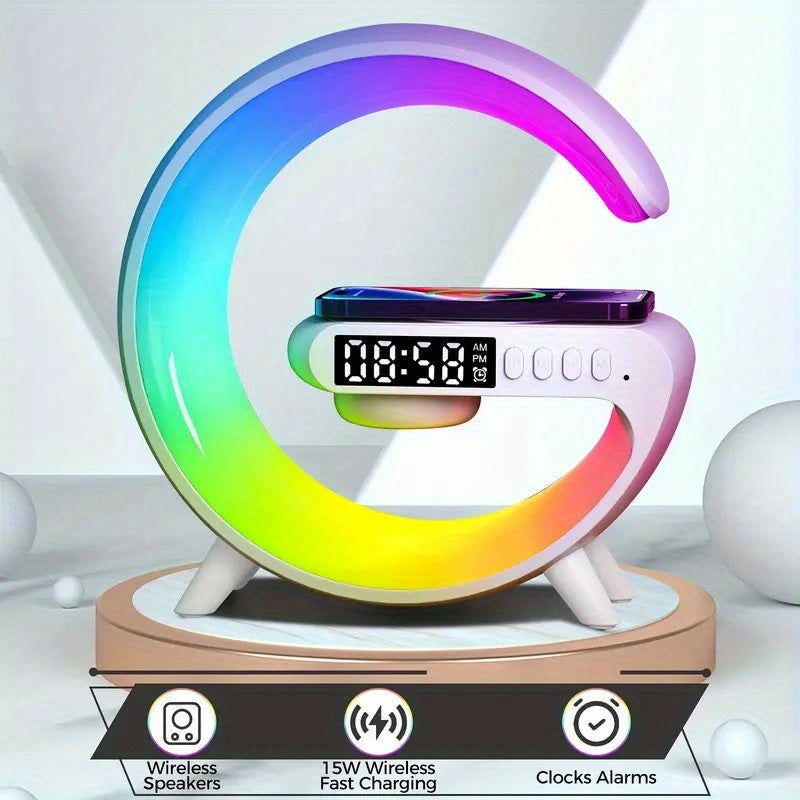 Wireless Charger with RGB Night Light ¨C 4-in-1 Bluetooth Speaker Alarm Clock Wake Up Light, 256 RGB Colors, Qi Fast Charging for iPhone Samsung, Bedside Nightstand Lamp