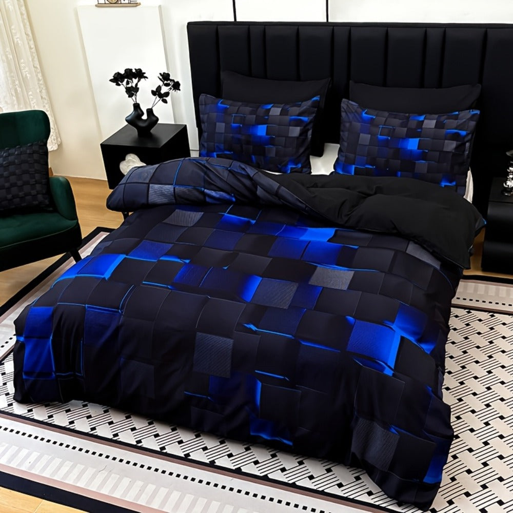 Duvet Cover Set 3 Piece Plaid Digital Print Polyester Bedding All Season Twin Full Queen King Size with Pillowcases Purple Blue Red