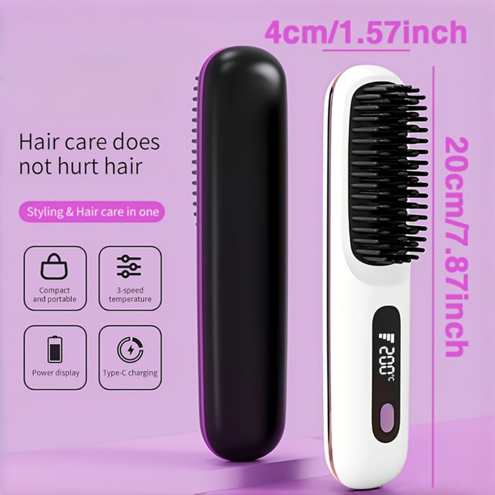 Cordless Hair Straightening Brush ¨C Mini Rechargeable Portable Straightener Comb for Travel Daily Styling, Fast Heating Anti-Scald Frizz Control for All Hair Types, Black & White