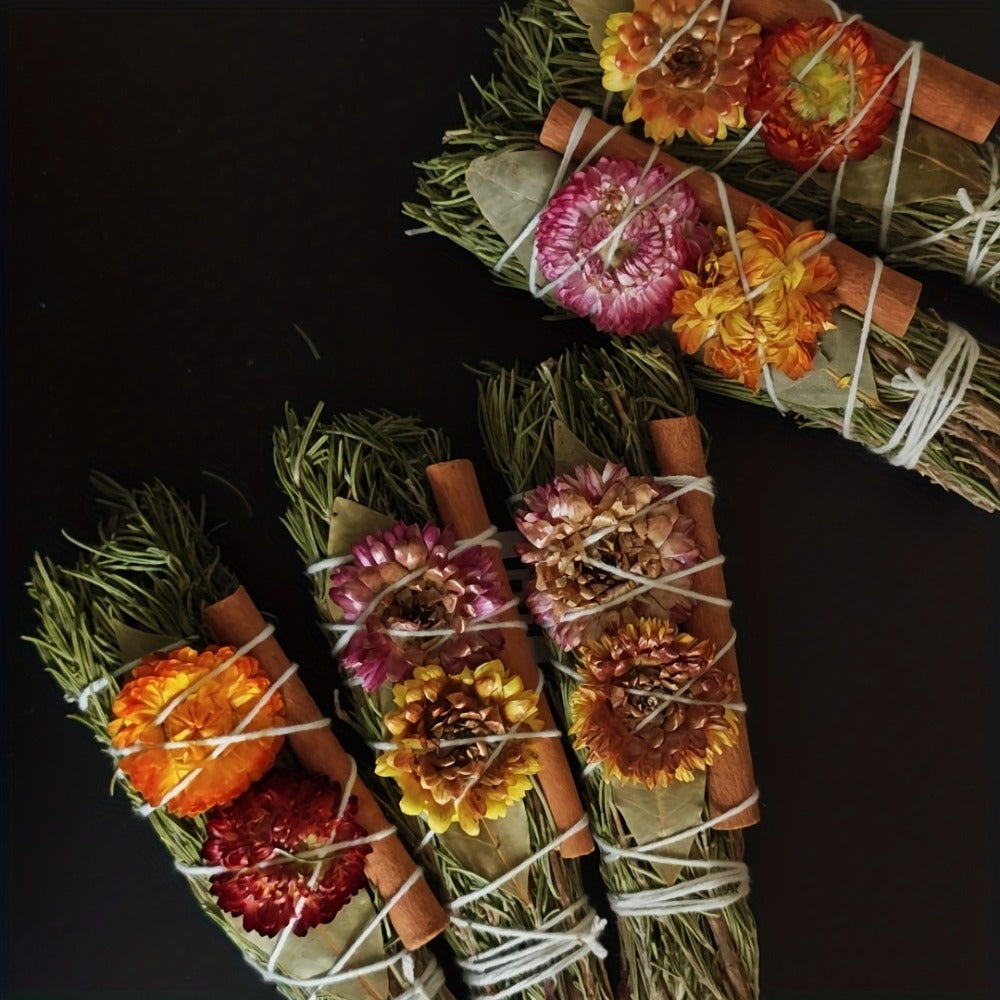Rosemary Cinnamon Dried Flower Bundles 5pcs ¨C Handmade Aromatic Home Decor Sticks with Bay Leaves & Daisies, Festival Gift