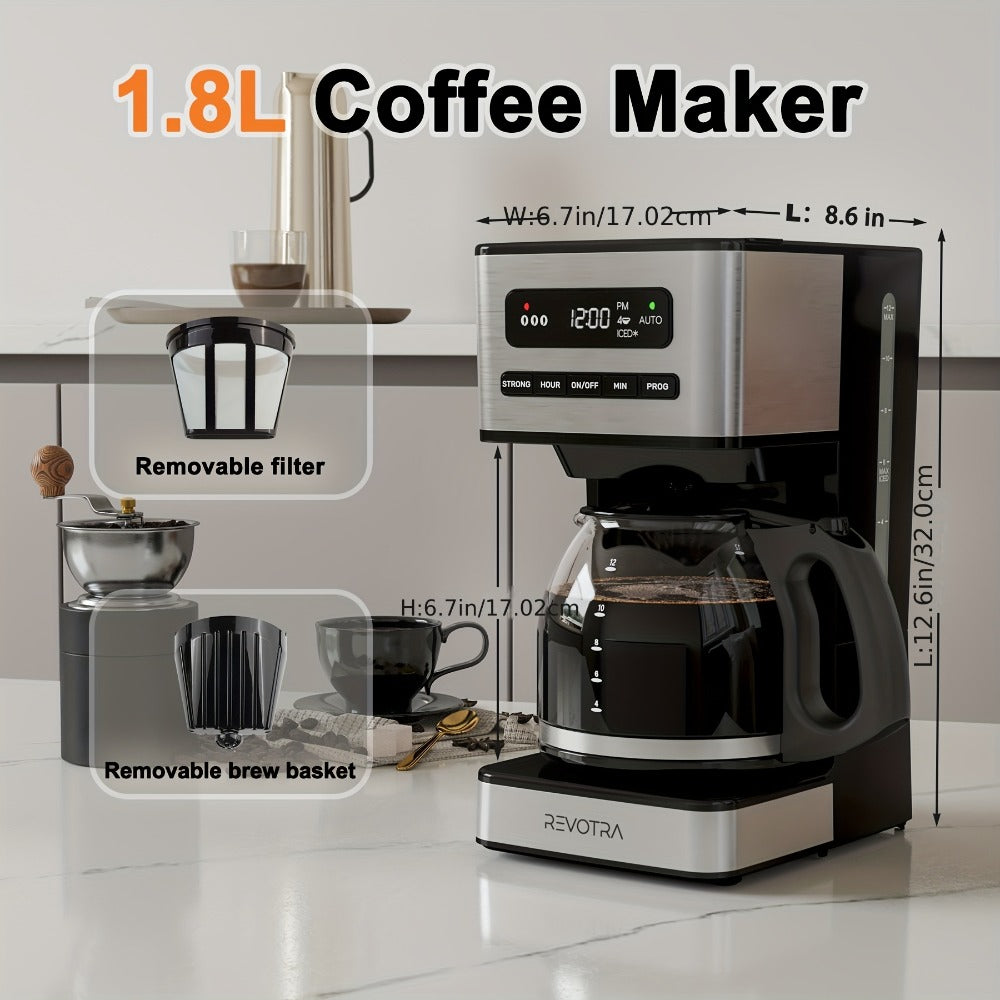 12-Cup Programmable Drip Coffee Maker, Regular & Strong Brew, Iced Coffee Setting, 1-4 Cup Mode, 24H Timer, Auto Shut-Off, Keep Warm, Pause & Serve, Black