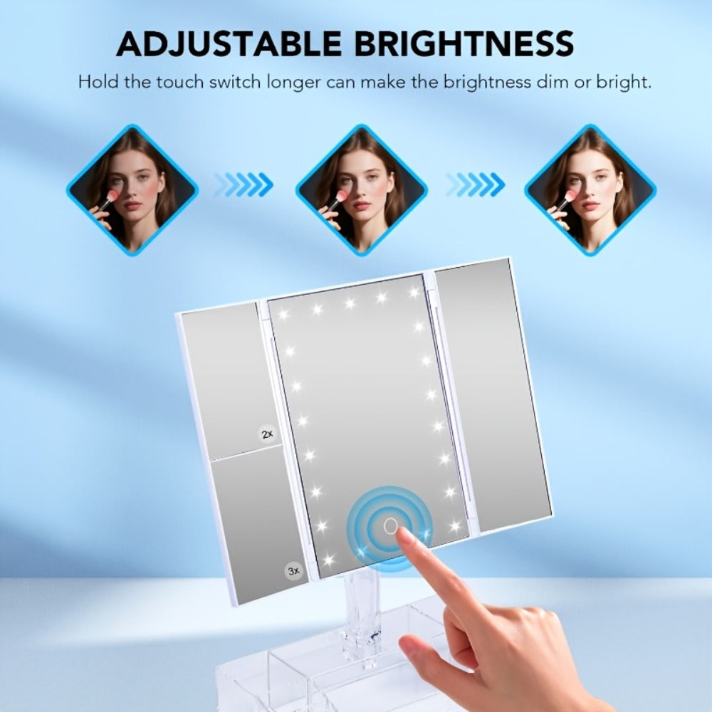 Lighted Makeup Mirror with Storage ¨C Tri-Fold Vanity Mirror 24 LED Lights, Touch Screen, 3X/2X/1X Magnification, 180¡ã Rotation, Dual Power Supply, White & Rose Gold