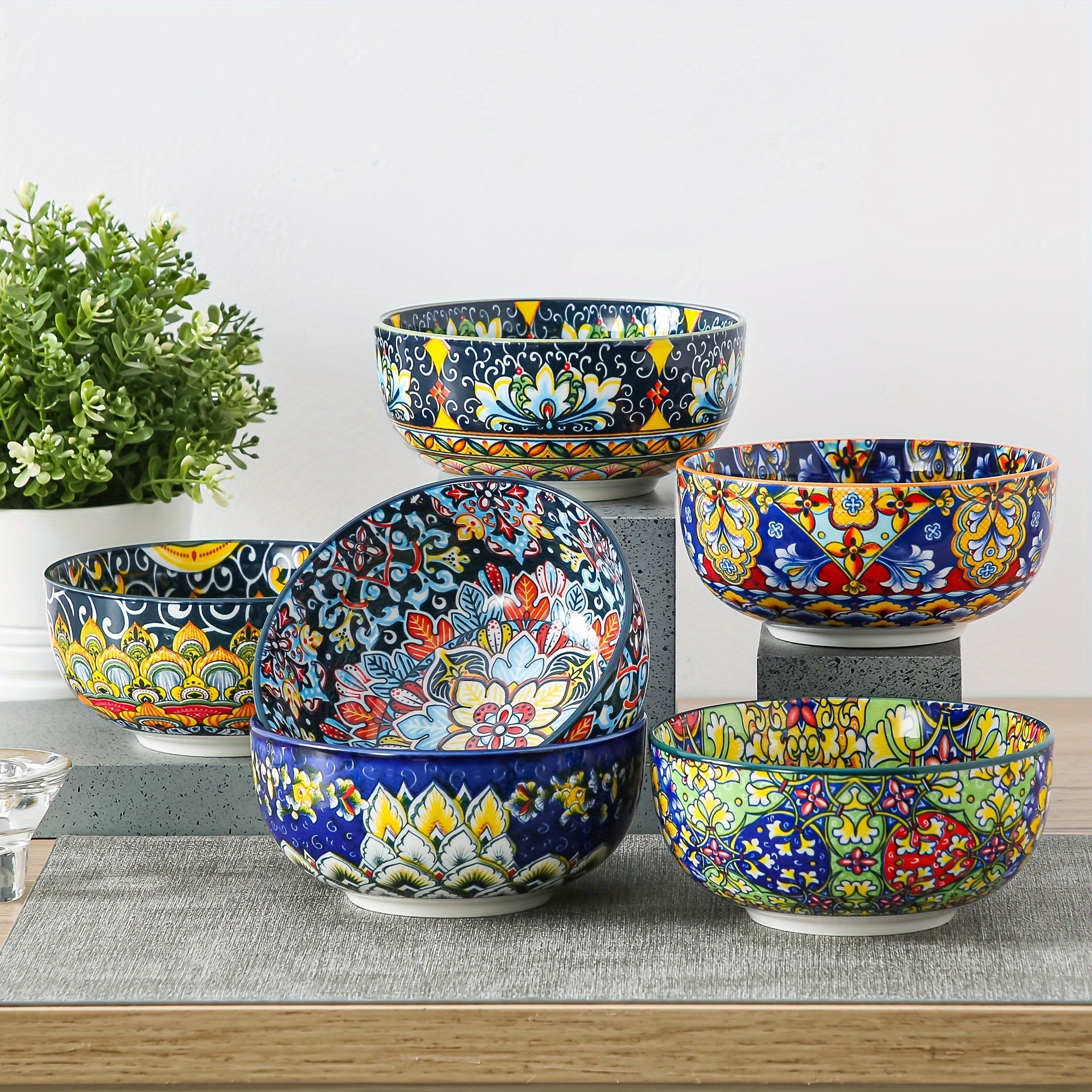 Cereal Bowl Set of 6 Bohemian Style 26oz ¨C Colorful Ceramic Bowls for Cereal Soup Oatmeal Salad Ice Cream Pasta Microwave Dishwasher Safe Boho Kitchen Decor Gift for Home