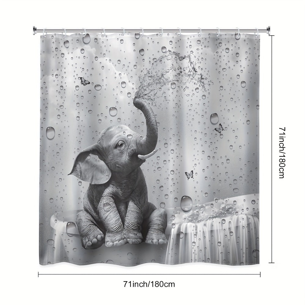 Shower Curtain Set Funny Elephant Bathroom Decor with Hooks Anti-Slip Floor Mat Toilet U-Shaped Mat African Wildlife Bath Decor Gray