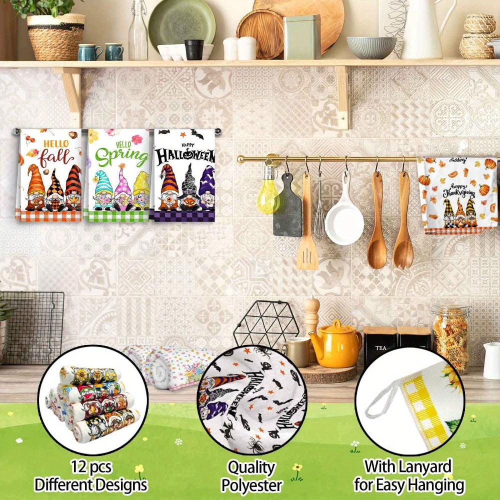 Christmas Kitchen Towels Set 12-Piece Gnome Dish Towels ¨C Absorbent Seasonal Hand Towels for Holiday Kitchen Decor, Tea Towels & Dishcloths