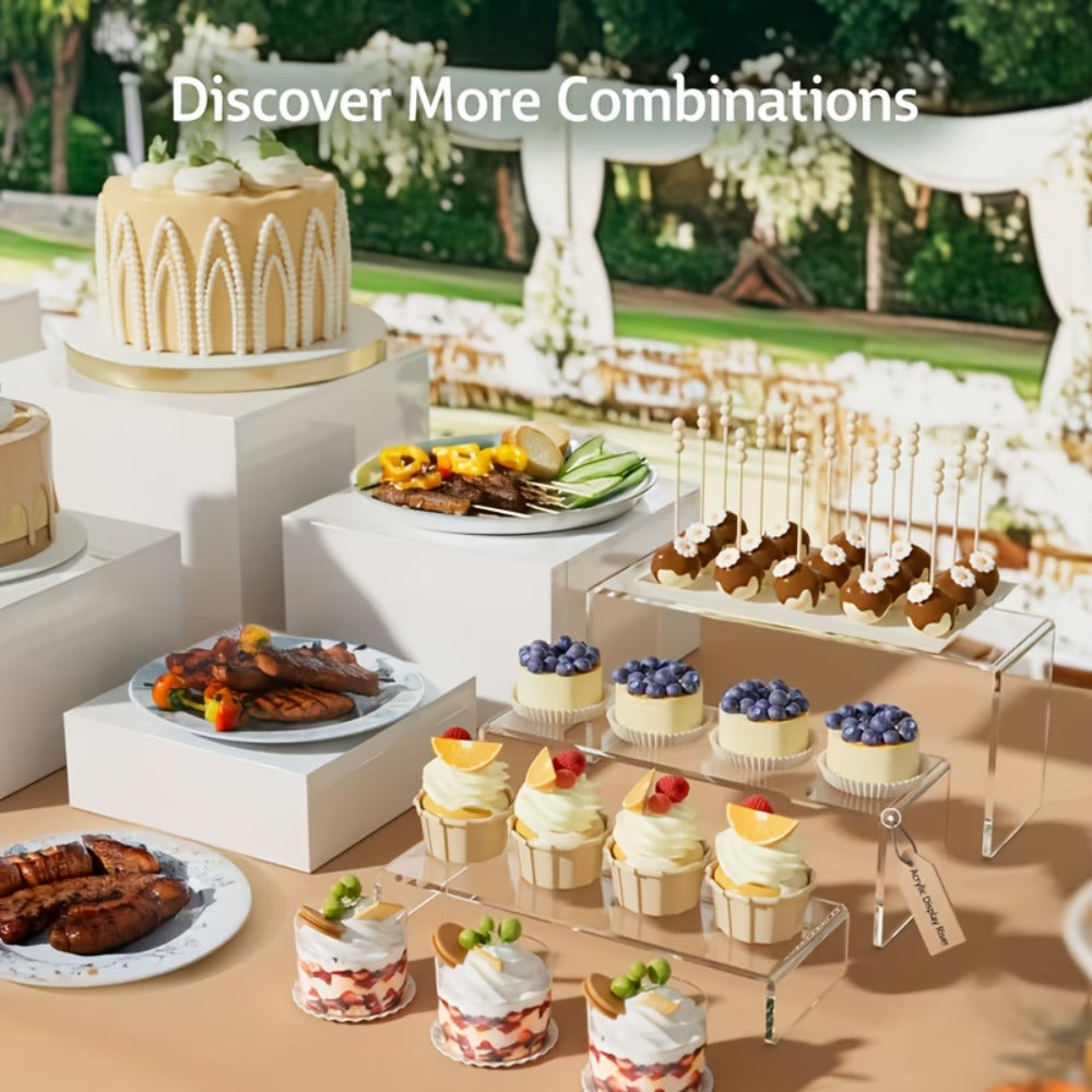 Display Stands 6pcs Five-Sided Square Buffet Risers - White Transparent Dessert Cake Display Storage Rack for Party Wedding Catering Retail Boutique Gallery Home Decor
