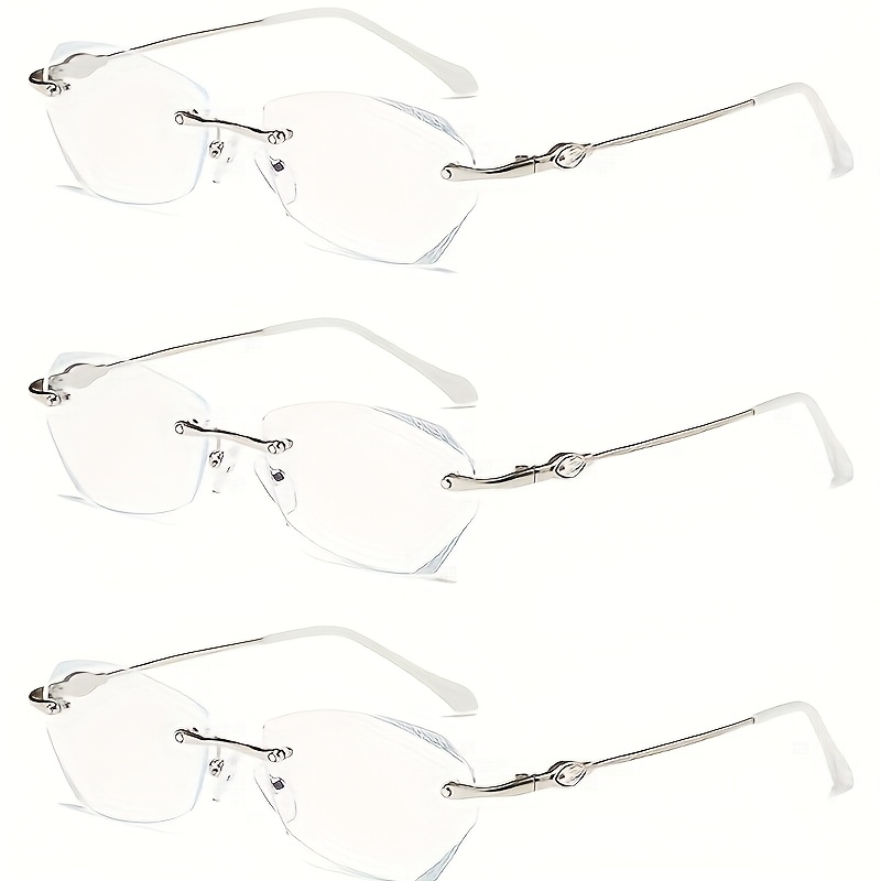 Rimless Reading Glasses for Women 3 Pack - Blue Light Blocking Lightweight Metal Frameless Readers with Anti Eyestrain Lenses, Multiple Colors and Magnifications 1.0X to 4.0X