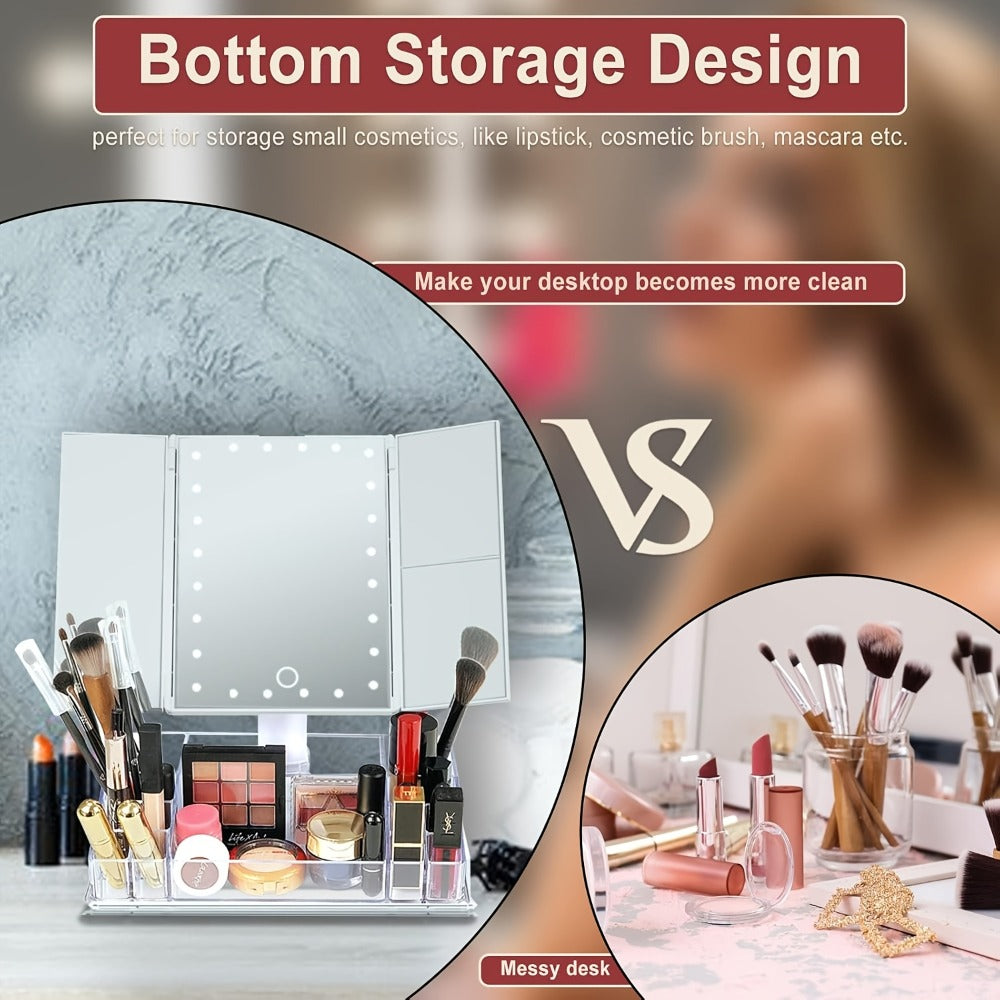 Lighted Makeup Mirror with Storage ¨C Tri-Fold Vanity Mirror 24 LED Lights, Touch Screen, 3X/2X/1X Magnification, 180¡ã Rotation, Dual Power Supply, White & Rose Gold