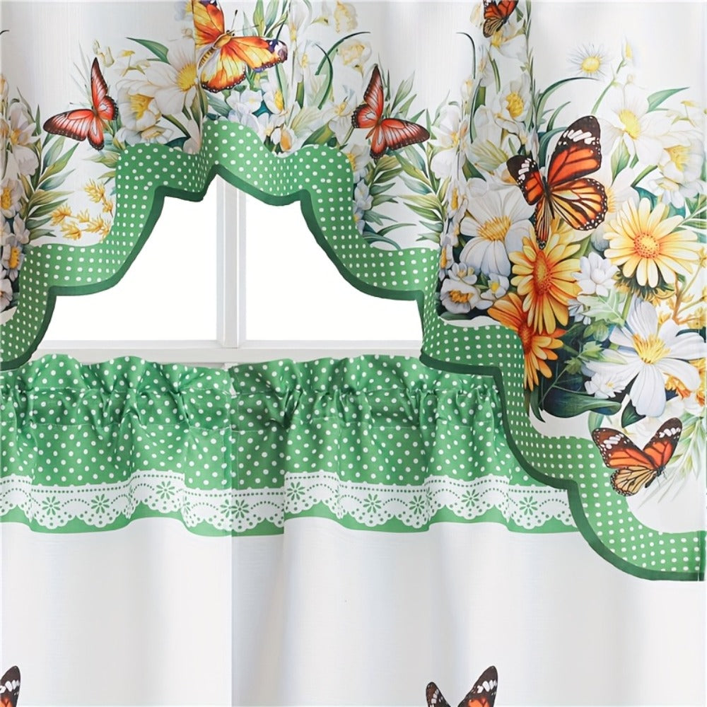 Blackout Kitchen Curtains 3-Piece Set with Butterfly Floral Print - Rod Pocket Window Curtains for Kitchen, Living Room, Bedroom, Bathroom & Restaurant, Polyester Fabric, Machine Washable