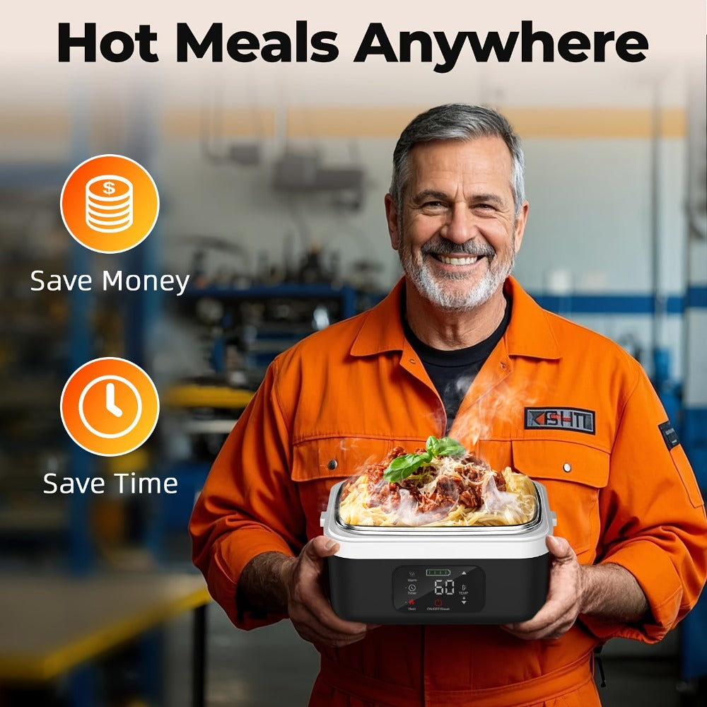 Wireless Heated Lunch Box 8000mAh Battery Powered - 60W Electric Food Warmer 1L Stainless Steel with Smart Timer 8 Settings and Power Bank Function, Portable Lunch Heater for Office Car Truck and Travel, BPA-Free with Fork Spoon and Insulated Bag