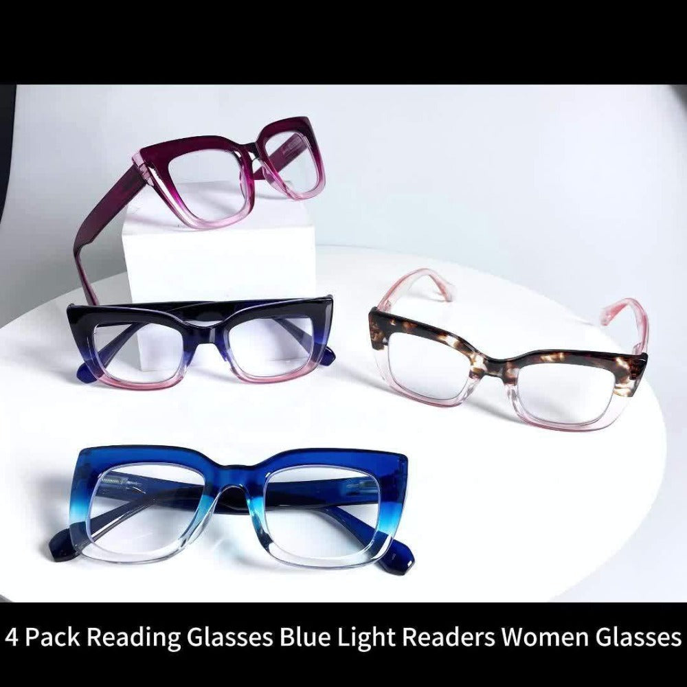 Reading Glasses Blue Light Blocking for Women 4 Pack ¨C Cat Eye Frames with Metal Spring Hinges, Multicolor Floral Gradient Computer Eyeglasses