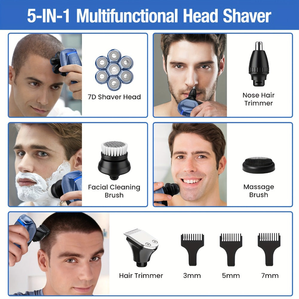 Skull Shaver for Bald Men 5-in-1 Rechargeable Rotary Electric Razor - 7D Floating Heads, 3-Speed LED Display Grooming Kit, Close Shave Head Shaver for Men