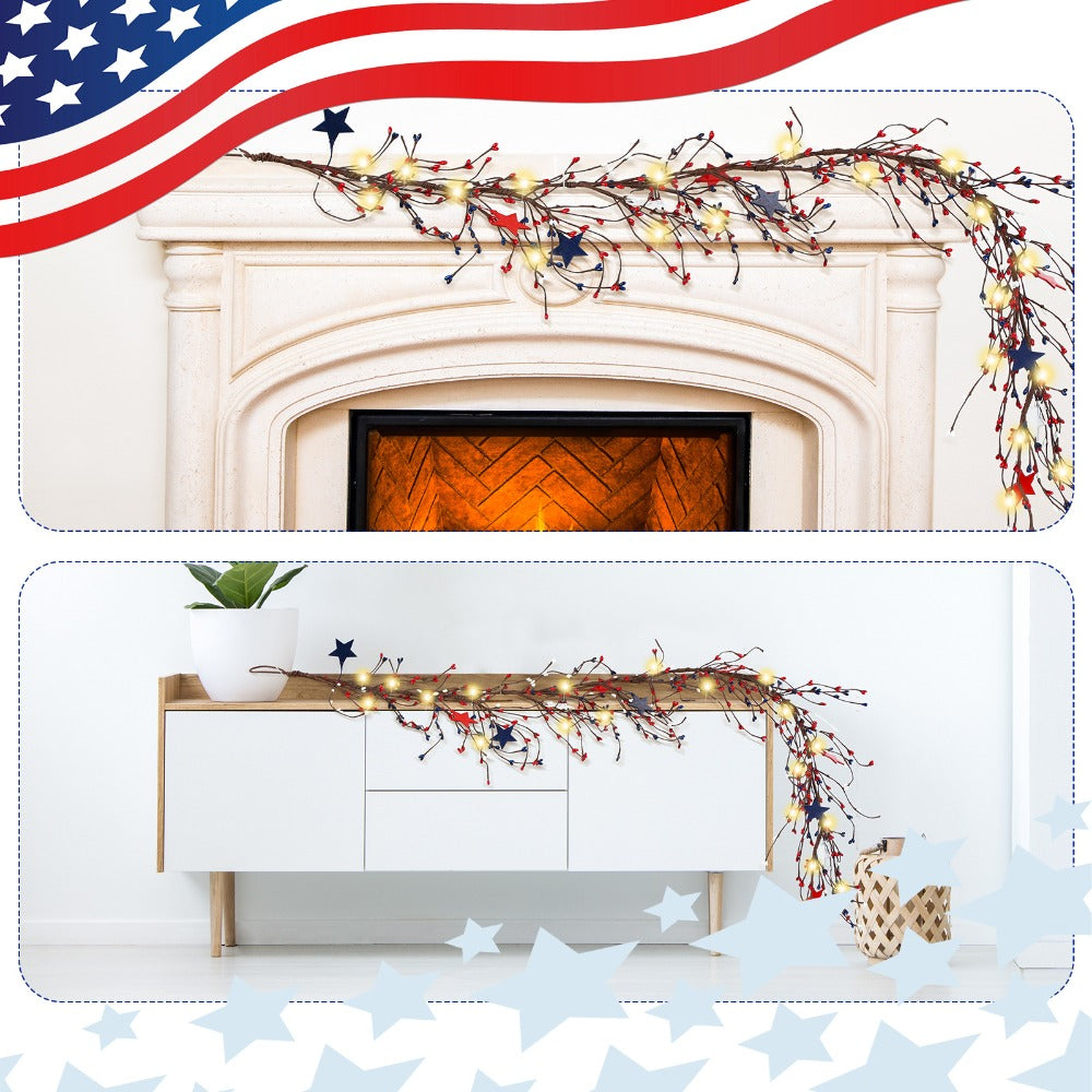 4th of July Garland with Fairy Lights 4.5Ft Patriotic Red White Blue Garland with 30 LED Lights Metal Stars Berry Branches Independence Day Door Decor Mantle Wreath Ornament